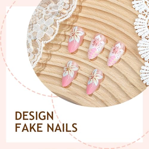 Summer Press On Nails Medium Almond with French Tip Flower Rhinestones - color: Style18