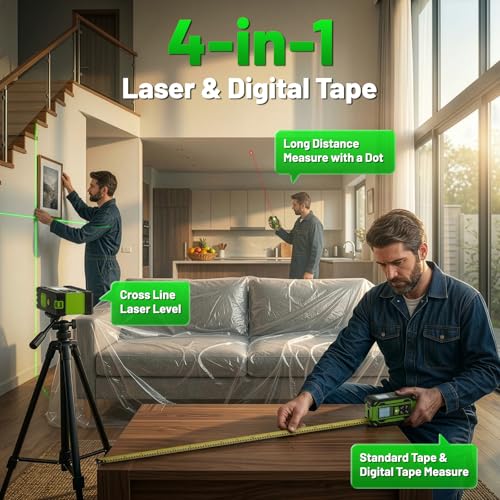 Digital Laser Tape Measure 4-in-1, HUEPAR ±1/16" Laser Measure with Dual HD Display, 200Ft Rechargeable Laser Measurement&33Ft Green Cross Line Laser&10Ft Tape, for Area/Volume/Pythagorean/Leveling