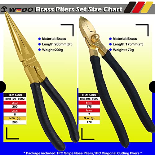 WEDO 2-Piece Brass Pliers Set,8" Snipe Nose Pliers,7" Diagonal Cutting Pliers,Non-Slip Handle - size: 2Pcs-Pliers Set A