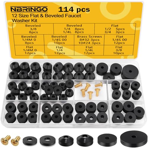 114-Piece 12 Sizes Faucet Washers Assorted Kit - Outdoor Spigot Repair Kit for Hose Bib, Water Valve - Flat & Beveled Faucet Rubber Washer Assortment, Brass Bibb Screws - size: 12