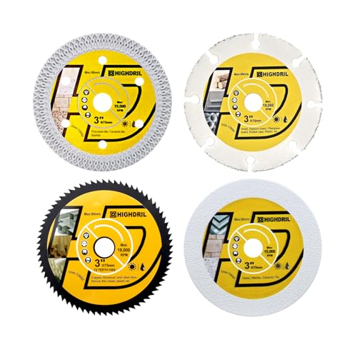 HIGHDRIL 3" 75mm Circular Saw Blade Set 4pcs - Diamond/HSS/Carbide Cutting Disc for Angle Grinder Cutting Soft Metal Copper Aluminum Tile Marble Granite Plastic Wood Glass - size: MIX 4