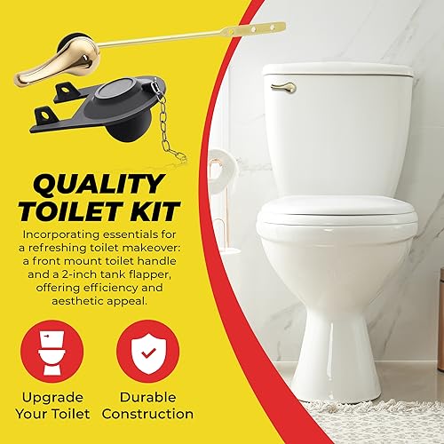 Qualihome Front Mount Brass Polished Gold Toilet Handle Replacement Kit with 2 Inch Universal Toilet Flapper Replacement Kit and Stainless Steel Toilet Flapper Chain - color: Brass Polished