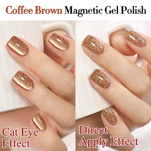 Double Rhythm 15ML Glitter Glass Cat Eye Gel Polish with Magnet Holographic Glitter Shimmer Translucent Sheer Color Salon Soak Off Magnetic Gel Polish at Home (Coffee Brown-MC1063) - color: Glitter Coffee Brown