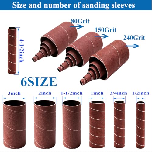 18 Pack Spindle Sander Sanding Sleeves,4-1/2inch Long Sandpaper Sleeves Assorted Grit 80/150/240, 6 Sizes Diameter Kit(1/2inch, 3/4inch, 1inch, 1-1/2inch, 2inch, 3inch) - size: 18 PCS
