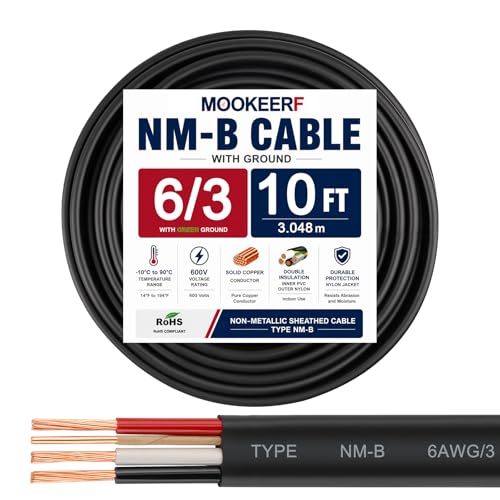 6/3 Wire with Ground - 10FT NM-B 6 Gauge Non-Metallic Sheathed Cable 100% Pure Copper 6 AWG 3 Conductor Residential Indoor Wire for Outlets, Switches, Other Loads and Lighting Wiring Projects etc. - size: 10FT, style: 6AWG/3