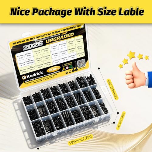 KADRICK 1830PCS M2 M3 M4 M5 Metric Screws Assortment,Hex Socket Head Cap - size: M2-M5 1830Pcs