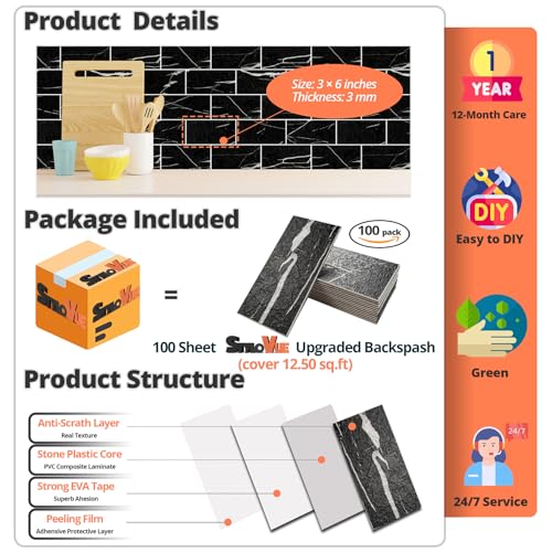 StyloVue 100 Pieces Peel and Stick Backsplash for Kitchen, 3" x 6" PVC Subway Tile Upgraded Nero Marquina with White Grout Backsplash Stick on Tile Elevate Kitchen, Bathroom, Fireplace,RV - color: Nero Marquina
