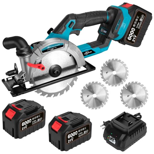 6" Cordless Circular Saw, Sierra Circular Inalambrica with 2 x 6.0Ah Battery, 7000RPM Brushless Handheld Circle Saw with 3 Blade, Max Cutting Depth 2-1/6"(90°), 1-1/4"(45°) for Wood Metal PVC