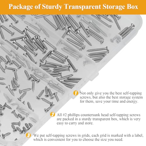 245 Pieces #2 x 1/4" 3/8" 1/2" 5/8" 3/4" Wood Screws Set, Phillips Countersunk Head #2 Self-Tapping Screws Assortment Kit, 304 Stainless Steel - size: #2, style: Phillips Countersunk Head