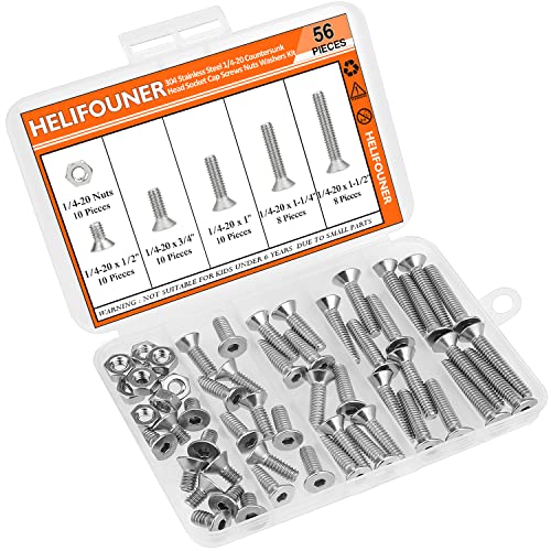 HELIFOUNER 56 Pieces 1/4-20 x 1/2" 3/4" 1" 1-1/4" 1-1/2", Countersunk Head Socket Cap Screws Bolts Nuts Kit, Coarse Thread, Fully Machine Threaded, 304 Stainless Steel - size: 1/4-20, style: Countersunk Head