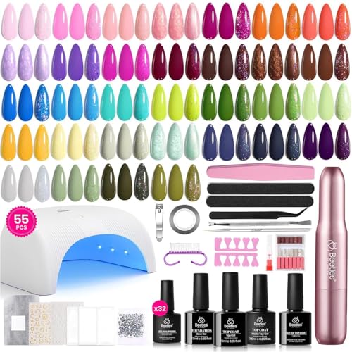 Beetles 55Pcs 32 Color Gel Nail Polish Kit with U V Light and Nail Drill - color: Fun Camp