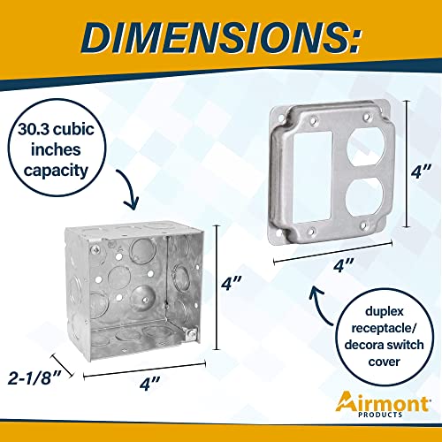 Pack of Box and Cover 4'' Square Electrical Box, 1 Rocker Switch, 1 Duplex Receptacle Exposed Work Cover, Crushed Corners, Welded Construction, Ten 1/2'' and Six TKO Knockouts, Raised Ground, 2-1/8'' - size: Rocker / Duplex