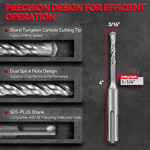 SALI SDS Plus Rotary Hammer Drill Bit Set, 3/16" x 4", 10-Pack, Carbide-Tipped Masonry Bits for Concrete, Brick & Stone with Storage Case - size: 3/16"*4"