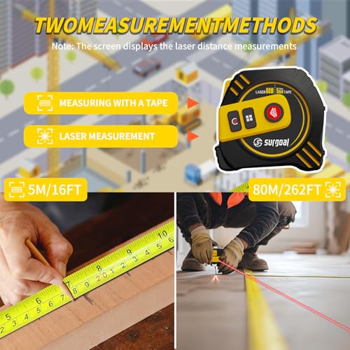 2-in-1 Laser Tape Measure USB-C Recharge 262Ft Laser & 16Ft Tape Red-Beam - color: Red Laser Tape 16ft+262ft