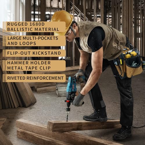 MELOTOUGH Contractor Electrician Tool Pouch - Nail Screw Work Framer Belt With Hammer Loop Clip-on Utility Organizer and Kickstand Back - color: Khaki Tool Pouch