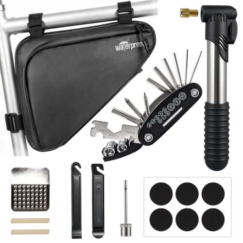 NDakter Bike Frame Bag with Repair Kit, Bicycle Tire Repair Tool Kit Set with Pump & 16-in-1 Multitool, Emergency Bike Pack Accessories for Road MTB BMX