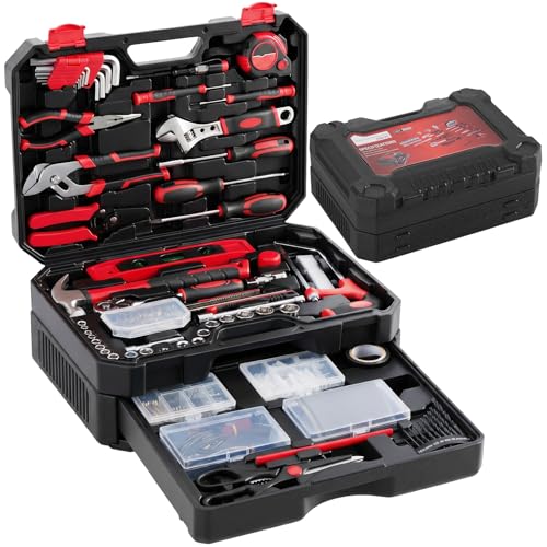 DUMOS 330-Piece Complete Homeowners Tool Box Set,Small Tool Kit for Home - color: Black Red, size: 15.7