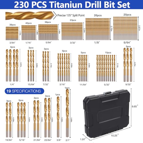 230 Pcs Titanium-Coated Twist Drill Bit Set, 3/64" to 1/2"
