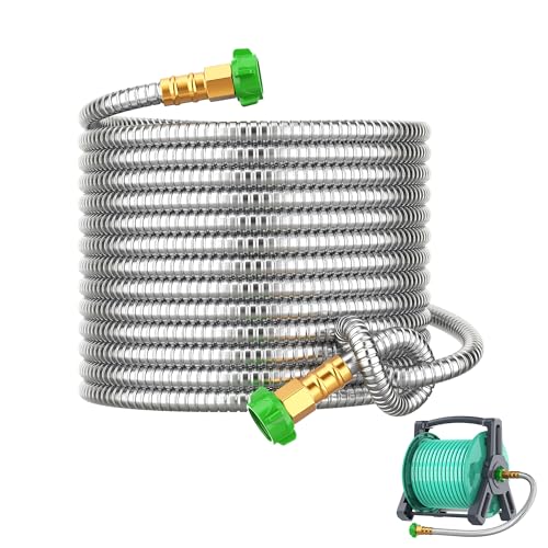 Short Metal Garden Hose 15ft with Female to Female Connector, Stainless Steel Small Leader Hose for Hose Reel, Long, Flexible, Lightweight & Heavy Duty Water Pipe, Outdoor Water Hose Extension Adapter - size: 15ft Female to Female