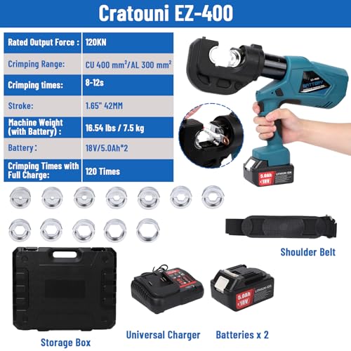 Hydraulic Crimping Tool 12-Ton, Cordless Electric Crimper Kit with Dies