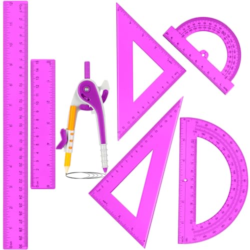 Zonon 7 Pcs Geometry Math Set with Compass Protractor Rulers, Purple - color: Purple