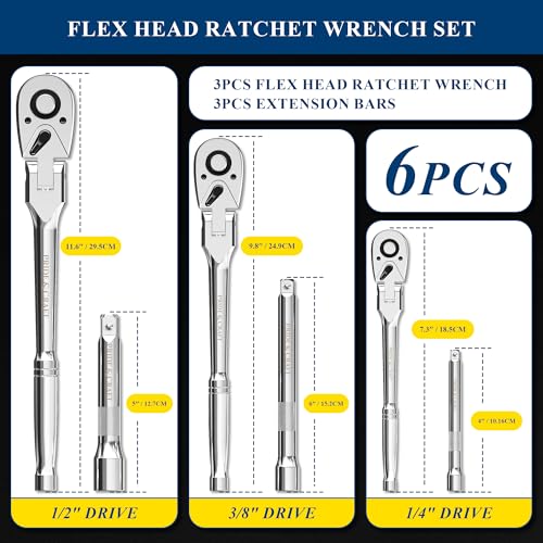 PRIDE&CRAFT 6-Piece Flex Head Ratchet Set, 1/4", 3/8", 1/2" Drive 72-Tooth Swivel Head Ratchet Wrench with Extension Bars, Quick Release Reversible Socket Wrench, EVA Organizer - style: 6pc Flex Head
