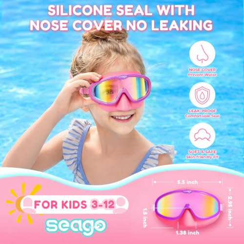 Seago Kids Swim Goggles with Nose Cover 2 Pack for 3-14 Anti-Fog Clear View - color: Black & Pink