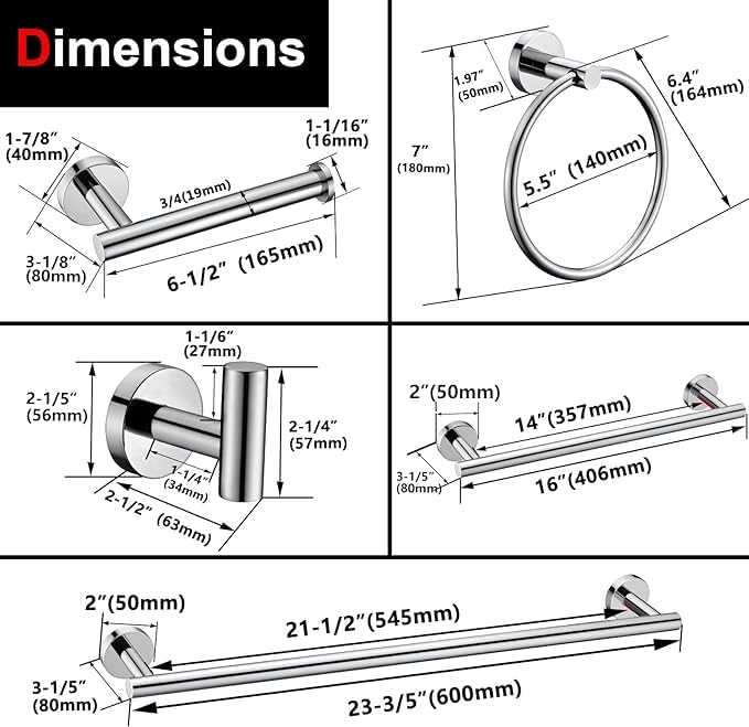 12 Pieces Polished Chrome Bathroom Hardware Accessories Set Hand Towel Ring 16&23.6 inch Round Towel Bar Toilet Paper Holder Towel Hooks 4 Pieces SUS 304 Stainless Steel,Heavy Duty,Wall Mounted - color: Polished Chrome, size: 12 piece 24"