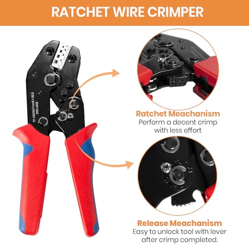 Wire Crimping Tool with Ratchet, Amliber Ratchet Wire Crimper Tool for Open Barrel Terminal Connectors, Electrical Crimping Tool for Deutsch DELPHI AMP Dupont TYCO Terminals, 24-14 AWG