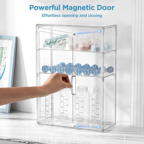 HBlife Baby Bottle Storage Organizer for Wall Countertop Cabinet, 3 Tiers Adjustable Clear Acrylic Bottles Storage Station Case Box Container with 2 Removable Dividers and Magnetic Door, Small - size: Small, style: 3-Tier Single Door