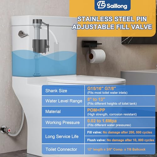 Universal Toilet Fill Valve Replacement Kit, Toilet Repair Kit Inside Tank and 12 Inch Flexible Connector, Flusher Replacement Kit Adjustable & Water saving, Quiet & Easy Install Tank Water Control