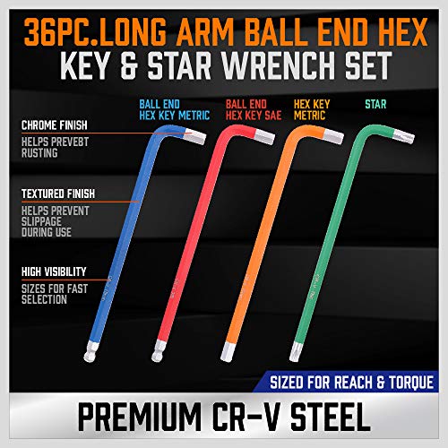 HORUSDY 37PCS Hex Key Allen Wrench Set, SAE & Metric Star Long Arm Ball End Hex Key Set, Industrial Grade Allen Wrench Set with Another Torque Handle - style: 37PCS SAE & Metric