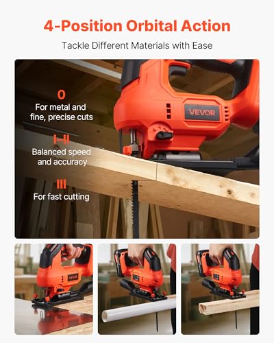 VEVOR 20V Brushless Cordless Jig Saw, 7/8" Jigsaw Tool for Makita 18V Battery, 3500 SPM & 6 Variable Speed, Battery & Charger, LED Light, 0-45° Bevel Cuts, 6 Blades, 4 Orbital Settings, Wood & Metal - size: 7/8 in-110V