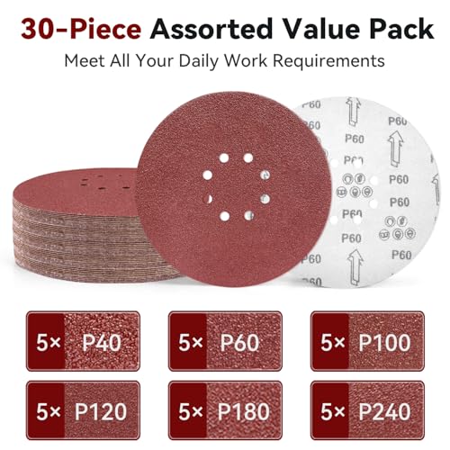 9 Inch 8 Hole Sanding Discs 30 Pack, 5 Pcs Each 40 60 100 120 180 240 Grit - style: 8 hole 40/60/100/120/180/240 Grit