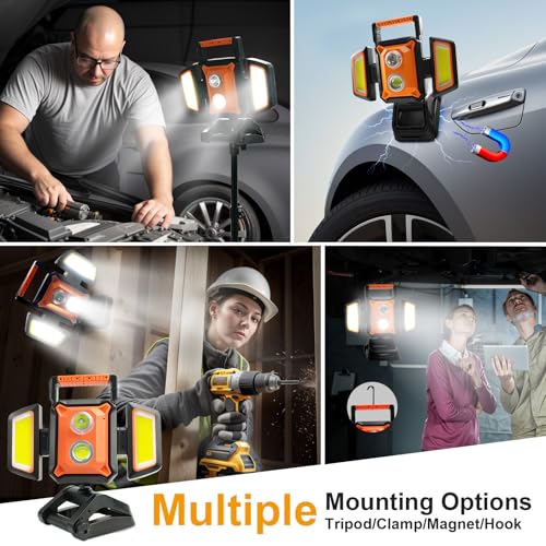Tresda 4000LM LED Work Light Rechargeable with Clamp, 40W Magnetic Work Light Battery Powered with 5 Light Modes, 350° Rotation, Portable Job Site Lighting for Construction Site,Workshop,Car Repairing - style: Magnetic Clamp Stand