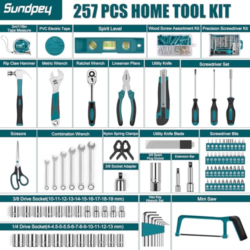 Sundpey 257 Pcs Portable General Basic Hand Tool Kit Set for Home with Case | with Mechanic Tool Set & Wrench Kit & Precision Screwdriver Set, for Men Women, for Household Car House Garage Apartment Dorm - style: 257-PCs