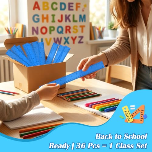 36 Pack 12" Clear Blue Plastic Rulers, Back to School Measuring Supplies - color: Blue