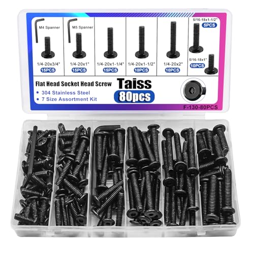 Taiss 80PCS Flat Head Hex Socket Cap Screws Bolts 7 Sizes 1/4-20x3/4 1" 1-1/4" 1-1/2" 2",5/16-18x1 1-1/2" 304 Stainless Steel Furniture Bolts,Full Thread Furniture Screws with Hex Wrench - size: 80PCS 1/4-20''+5/16-18'' Assortment Kit