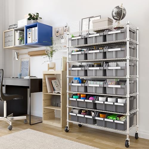 7-Tier NSF 16-Bin Steel Wire Shelving Rack, 36"W x 14"D x 56"H, Gray | 16 slide-out bins with tilt-lock design keep supplies organized and accessible - color: Gray, size: Includes 16 Bins
