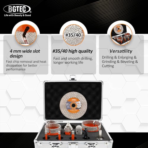 BGTEC Diamond Core Drill Bit 12PCS, Tile Hole Saw Kit 1/4" - 2-1/2" - size: 12 pcs - 6/6/8/19/35/50/65mm & 115mm Blade, style: Flash Toothed