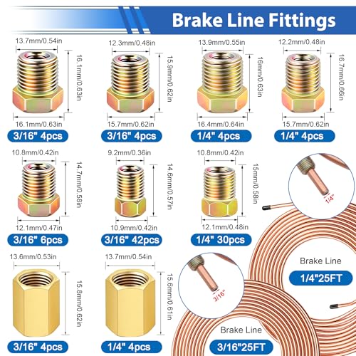 smseace 3/16 Inch+1/4 Inch Brake Line Flaring Tool Kit Include 25 FT Copper-Plated Brake Line Kit with 94pcs Fittings,8pcs Union,Tubing Bender,Double & Single Flare Tool,Cutter - color: Gold-B, size: 3/16inch+1/4inch