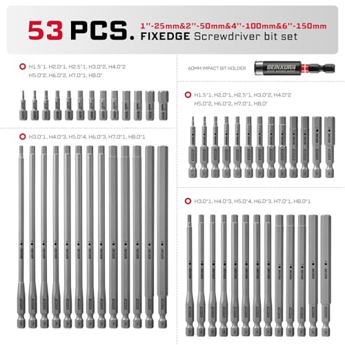Geinxurn 53Pieces Fixedge Screwdriver Bit Set,1"/2"/4"/6" Mixed Hex Magnetic Alloy Steel Insert Power Bits Tips with Impact Bit Holder Stored in Storage Organizer for Home Repair - size: MIX-53