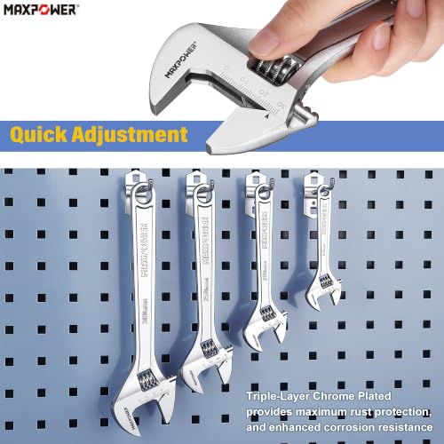 MAXPOWER 4-Pc Adjustable Wrench 6" 8" 10" 12", Jaw 0.87" 0.98" 1.18" 1.5" | Multi-purpose Adjustable Spanner, Smooth Parallel Jaw, Non-Slip Comfort Grip - size: 6" 8" 10" 12"