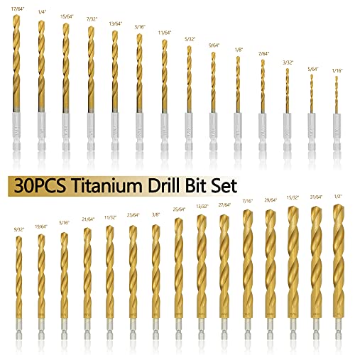 GMTOOLS 30 Pcs Titanium Impact Drill Bit Set, Hex Shank HSS Twist Drill Bits with Storage Case for Steel, Copper, Aluminum, Zinc Alloy, Wood and Plastics, Quick Change Design, 1/16"-1/2" - style: 30PCS