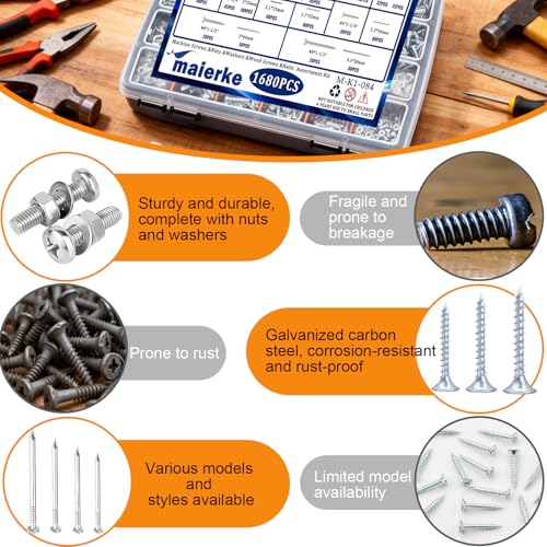 1680 PCS High Hardness Screw Bolts and Nuts & Nails & Wood Screws Assortment Kit,M3/M4/M5/M6 Machine Screws,Small Nails,#6#8 Drywall Screw Set for Picture Hanging and DIY (Length 1/2 to 2")