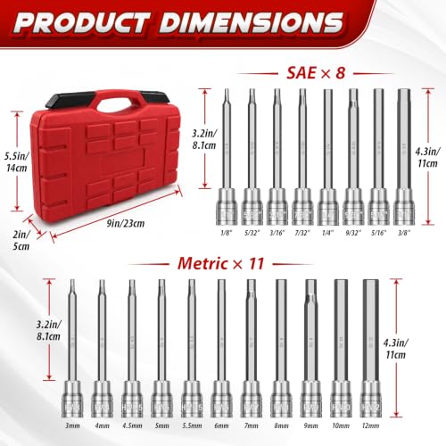 JETMORE 19PCS 3/8" Drive Allen Socket Set, Extra Long Hex Bit Socket Set