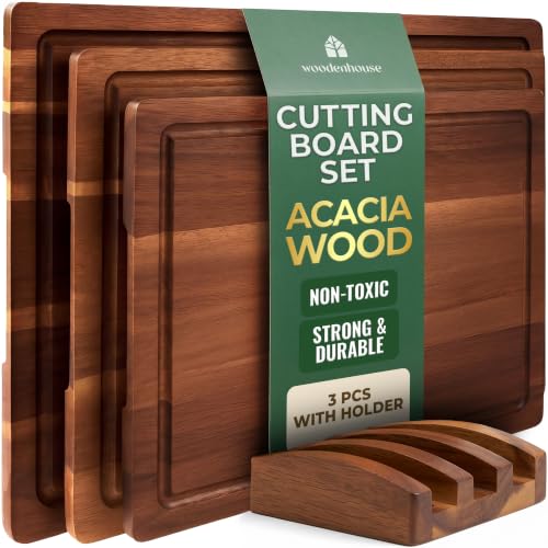 Acacia Wood Cutting Board Set of 3 with Holder, Juice Grooves & Handles