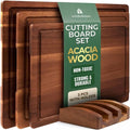Acacia Wood Cutting Board Set of 3 with Holder, Juice Grooves & Handles