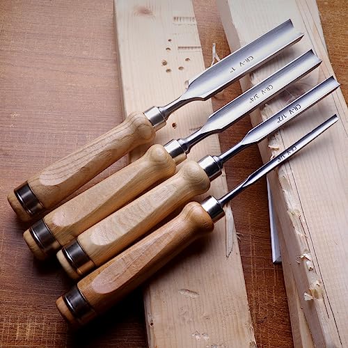 ATOPLEE Wood Chisel Set for Woodworking, 4 pcs Professional Wood Carving Chisel Tool Carpenter Gouge CR-V Steel Semi-Circular Edge Sharp Blade 6mm(1/4")/12mm(1/2")/18mm(3/4")/25mm(1") - size: Semi-Circular-4 Piece Set (6mm/12mm/18mm/25mm)