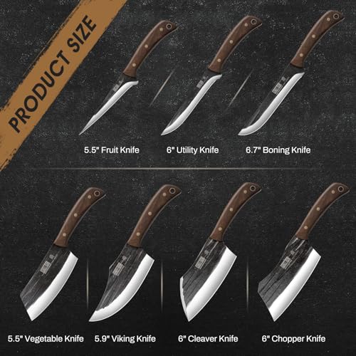 HOSHANHO Butcher Knife Set, Sharp Kitchen Knife Set & Roll Bag Gift for Men | Hand Forged 8PCS Butcher Chef Knife Set with Meat Cleaver Knife & Bone Chopper Knives & Fillet Knives for Home, Camping, BBQ - size: 6.5"